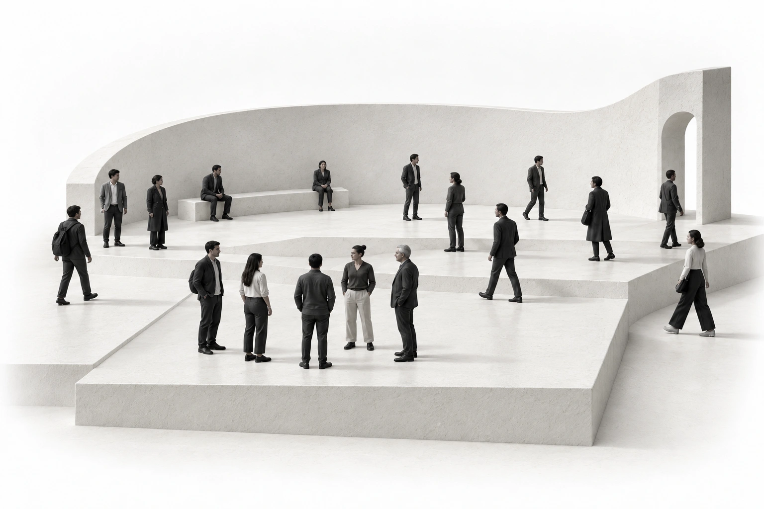 People conversing, walking and sitting on ivory architectural terraces beneath a curved wall and arch.